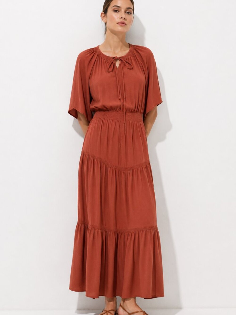 URBAN OUTFITTERS TERRA COTA BROWN TIERED SMOCKED PEASANT MAXI DRESS - S